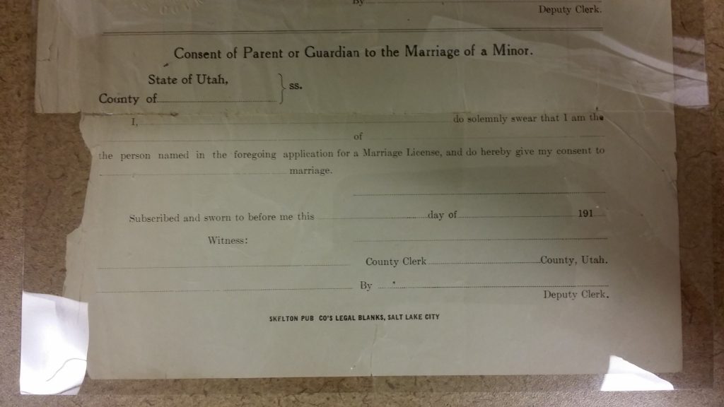Marriage license application in archival sleeve
