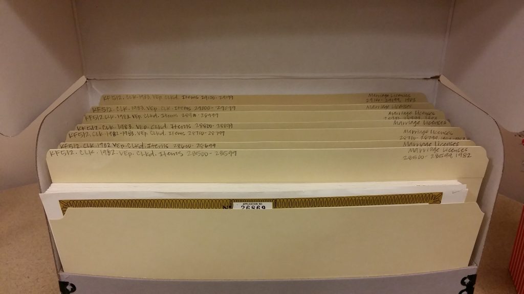 Open archival box with processed records