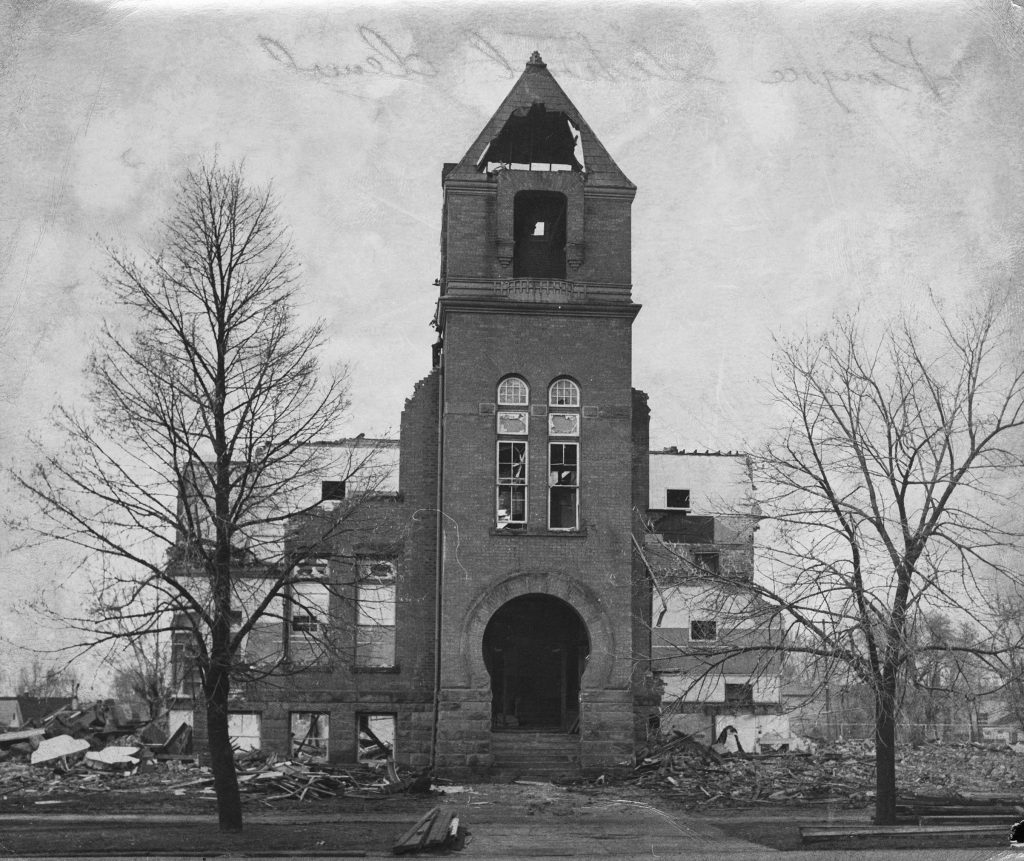 To show the Pingree Elementary School during demolition.